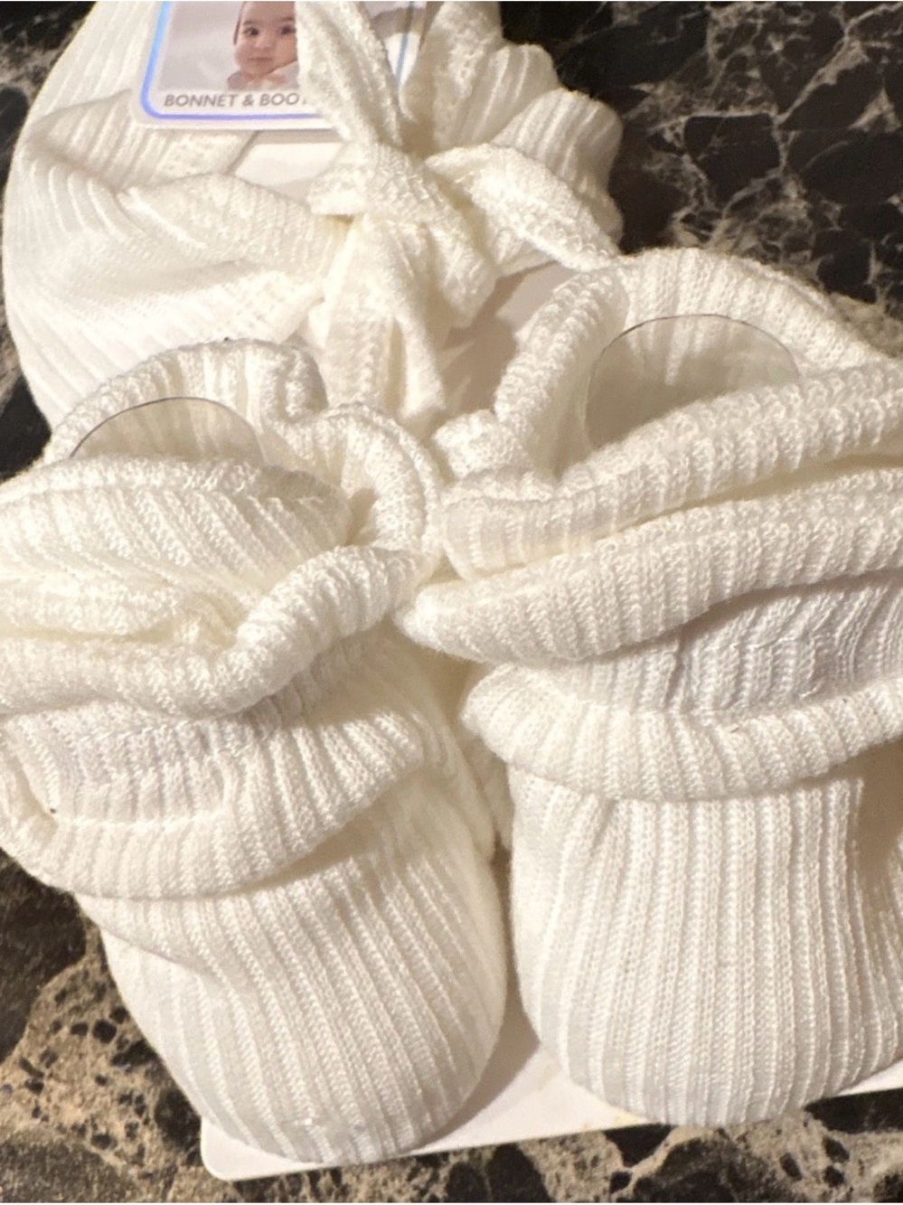 Ivory Knit Baby Bonnet and Booties Set